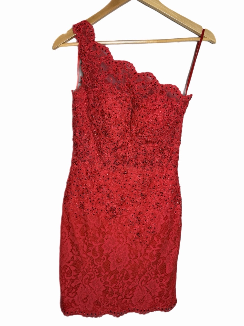 Mari Lee by Madeline Gardner Vibrant Red One Shoulder Lace Mini Dress Size 5/6